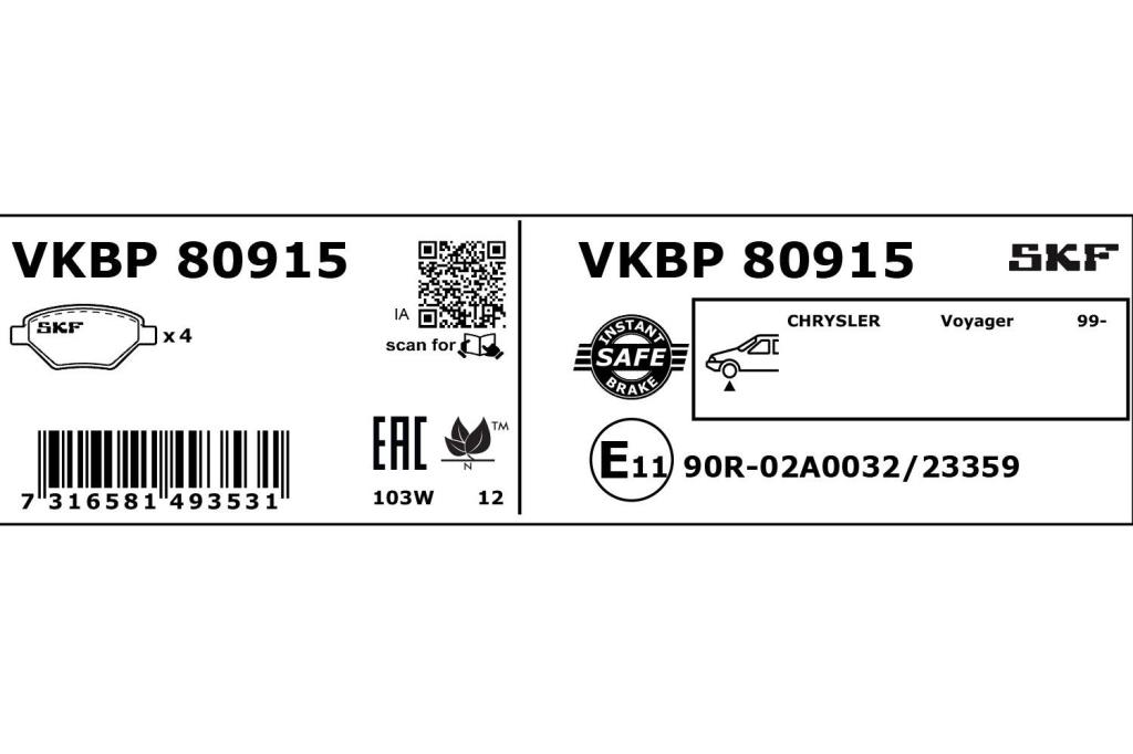 Jogo de 4 pastilhas de travão SKF ref. VKBP 80915